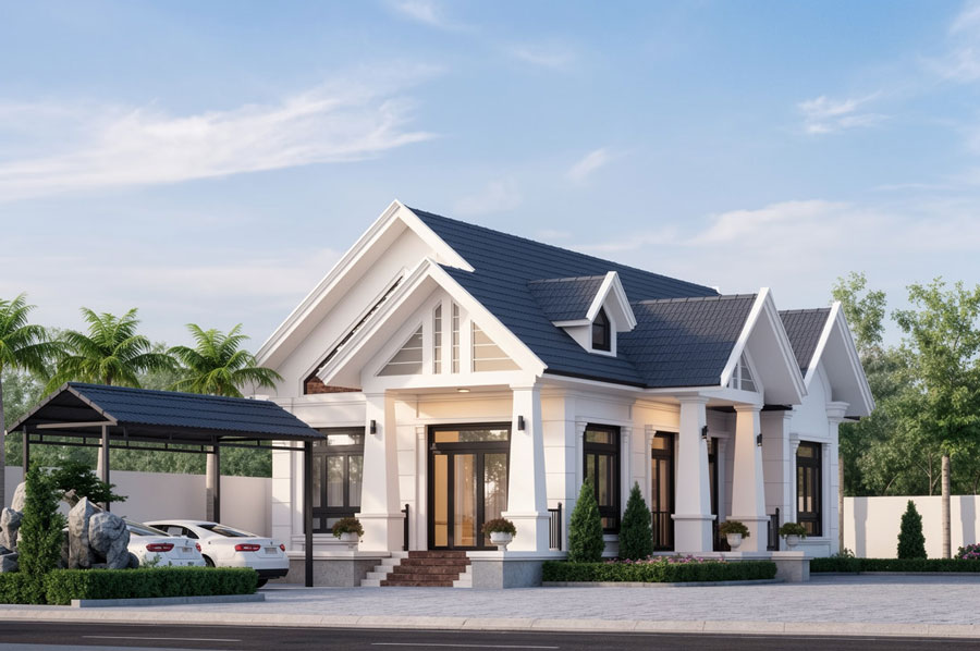 Thiết kế nhà mái Thái 1 tầng 5 phòng ngủ có gara
