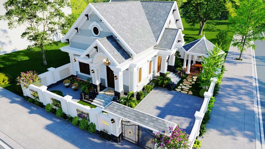Thiết kế nhà mái Thái 1 tầng 5 phòng ngủ có gara