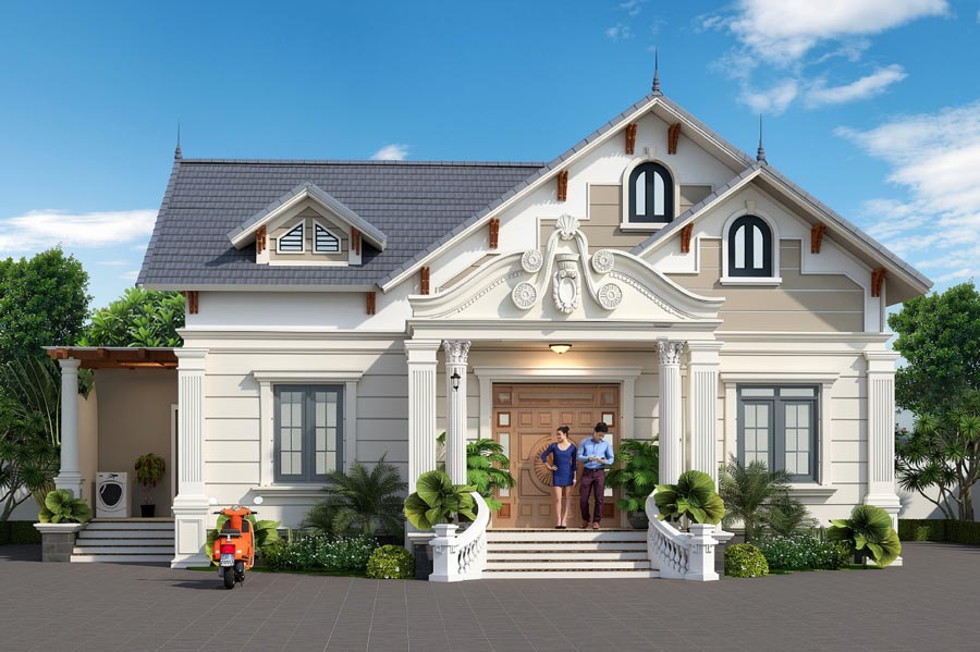 Mẫu nhà mái Thái 1 tầng 5 phòng ngủ có phòng thờ