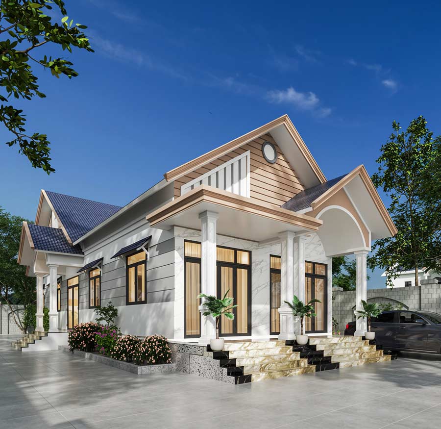 Mẫu nhà mái Thái 1 tầng 5 phòng ngủ hiện đại