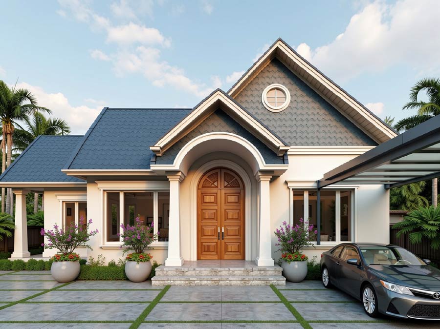 Mẫu nhà mái Thái 1 tầng 5 phòng ngủ hiện đại