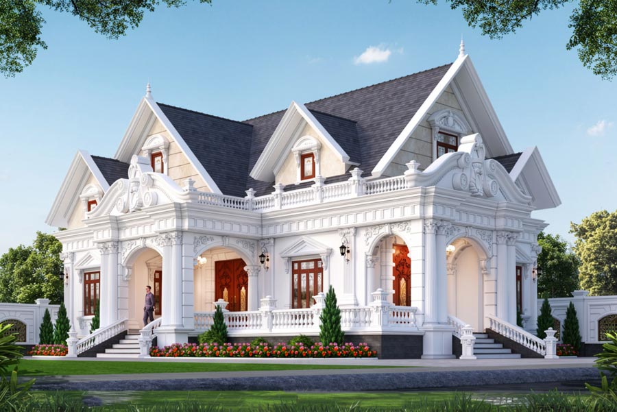 Nhà mái Thái 1 tầng 5 phòng ngủ kiểu Pháp