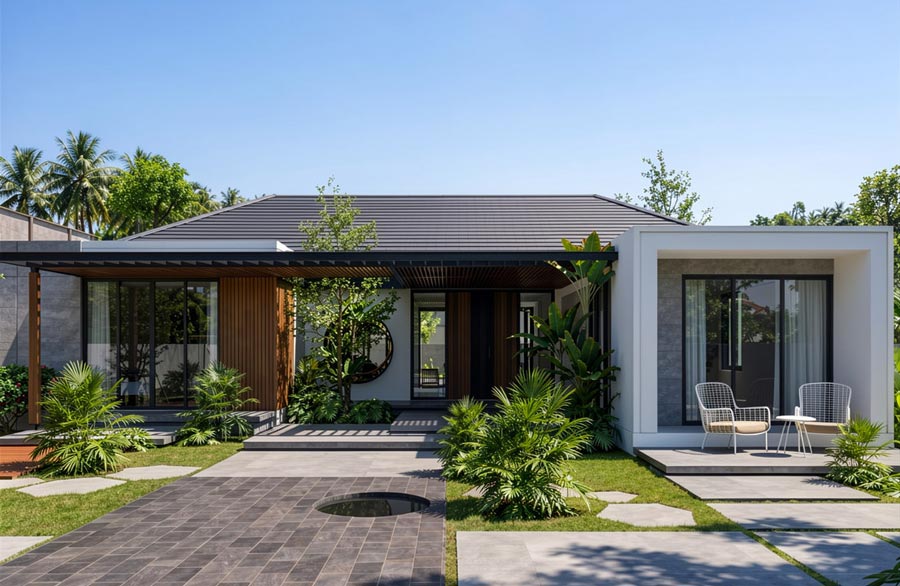 Mẫu nhà vườn 1 tầng 2 phòng ngủ 100m2