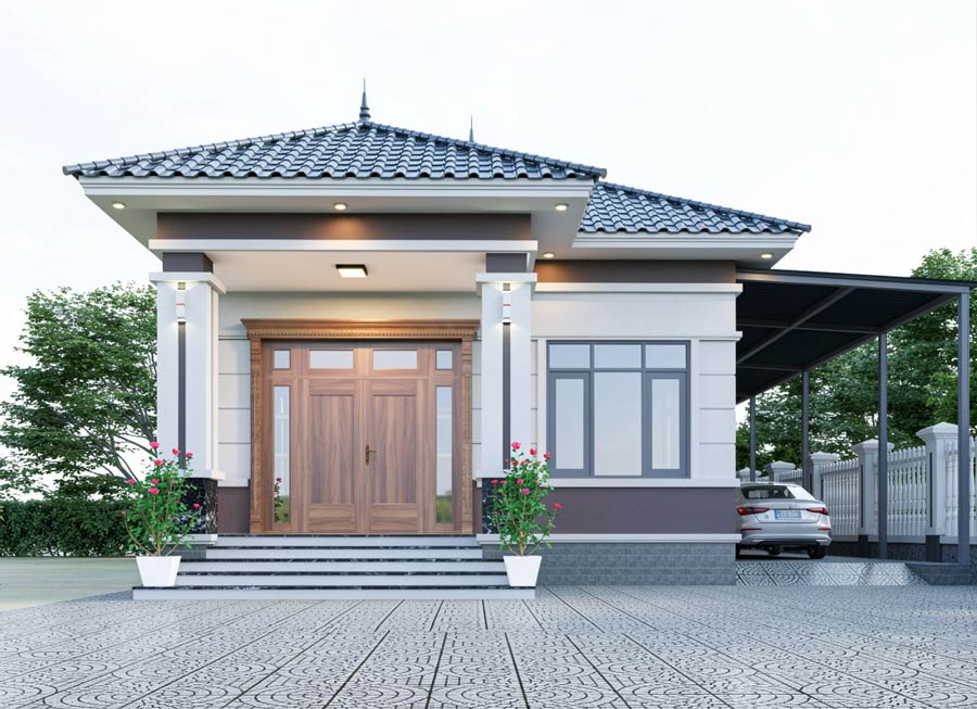 Mẫu nhà 1 tầng 3 phòng ngủ 80m2 có gara để xe