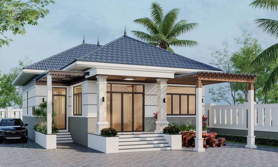 Mẫu nhà vuông 10x10m 1 tầng 3 phòng ngủ