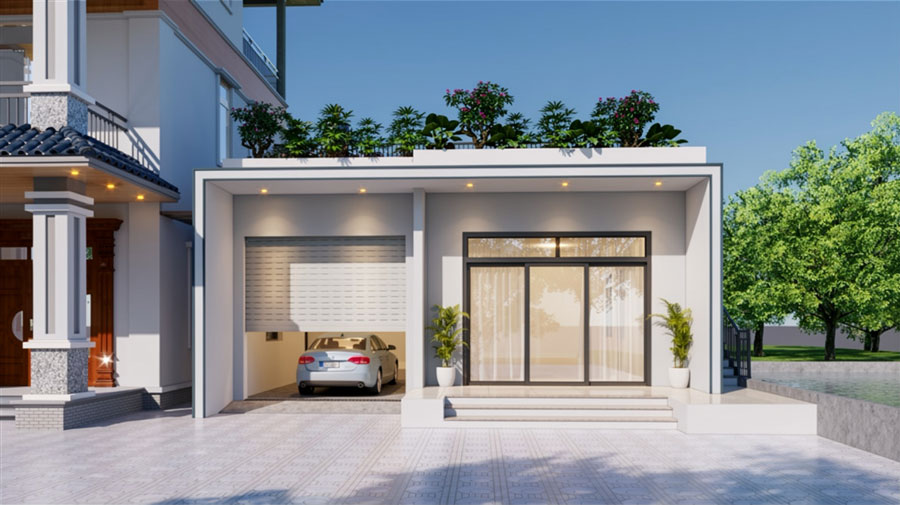 Mẫu thiết kế nhà vuông 10x10m 1 tầng có gara