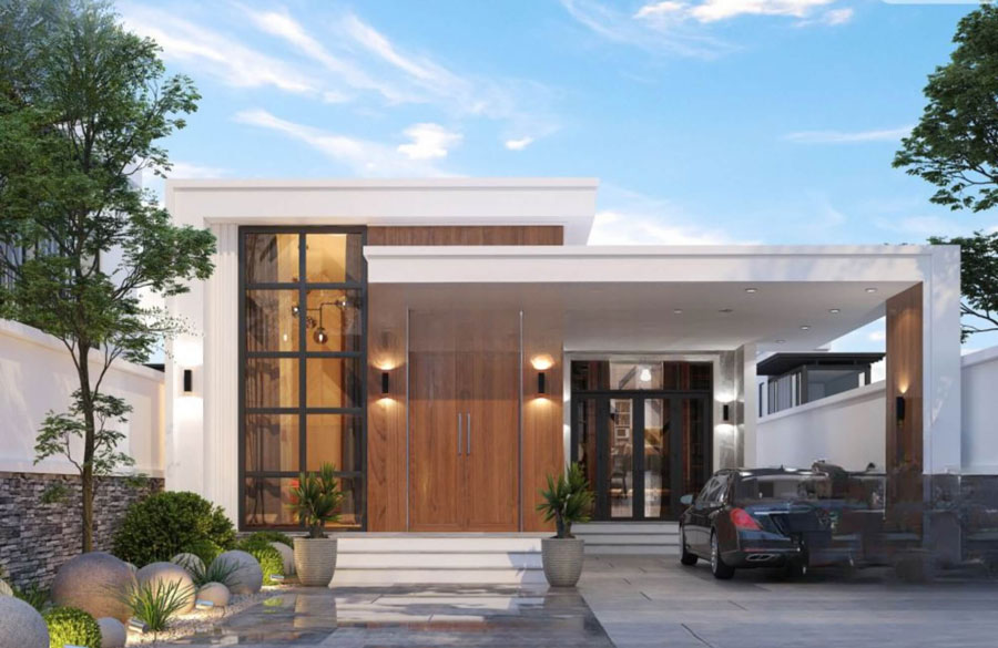 Mẫu thiết kế nhà vuông 10x10m 1 tầng có gara