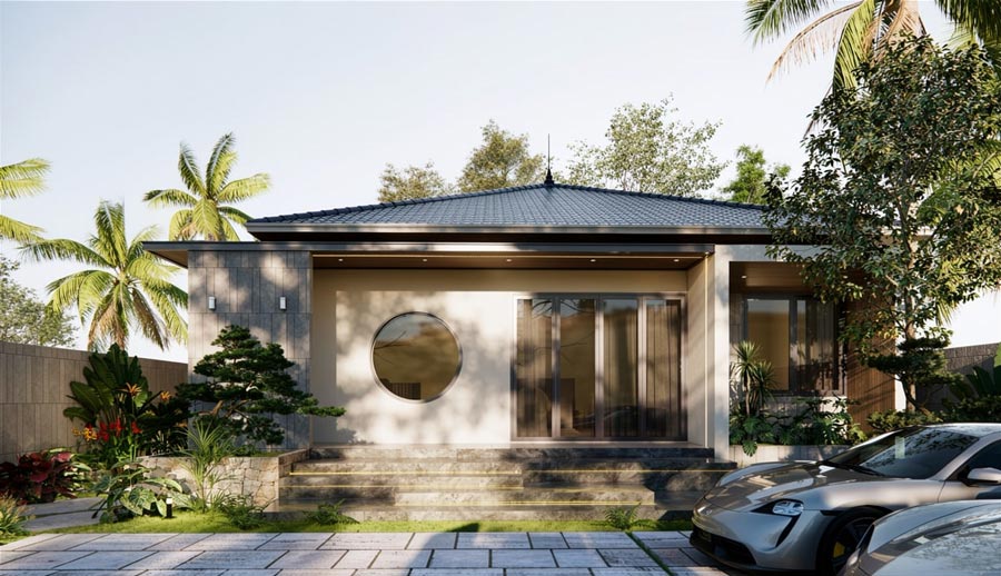 Mẫu thiết kế nhà vuông 10x10m 1 tầng có sân vườn