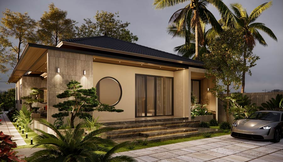 Mẫu thiết kế nhà vuông 10x10m 1 tầng có sân vườn