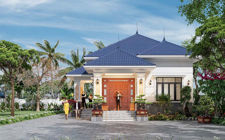 Mẫu thiết kế nhà vuông 10x10m 1 tầng có sân vườn