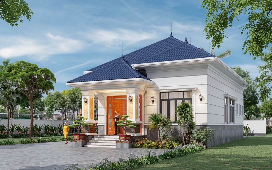 Mẫu thiết kế nhà vuông 10x10m 1 tầng có sân vườn