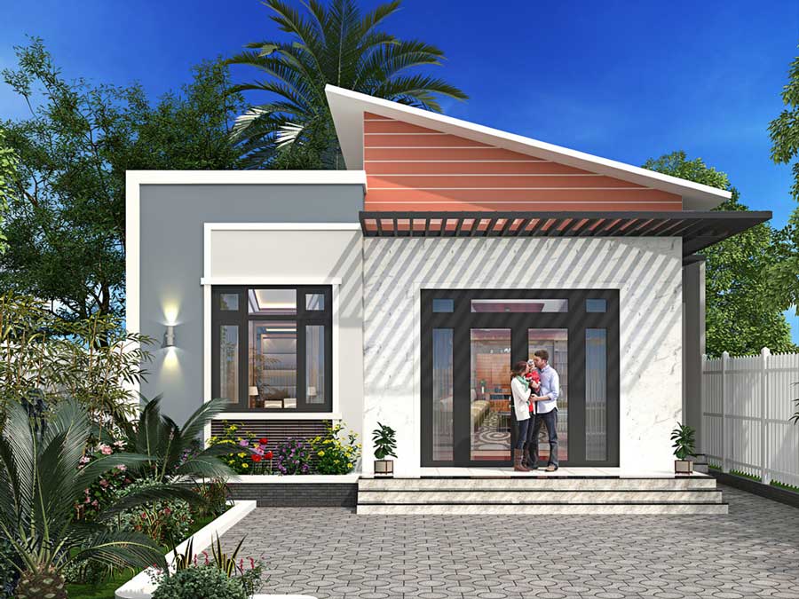 Thiết kế nhà vuông 10x10m 1 tầng mái lệch