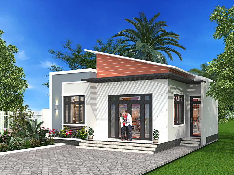Thiết kế nhà vuông 10x10m 1 tầng mái lệch