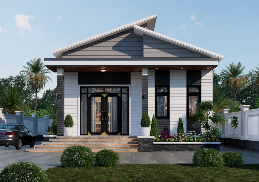 Thiết kế nhà vuông 10x10m 1 tầng mái lệch