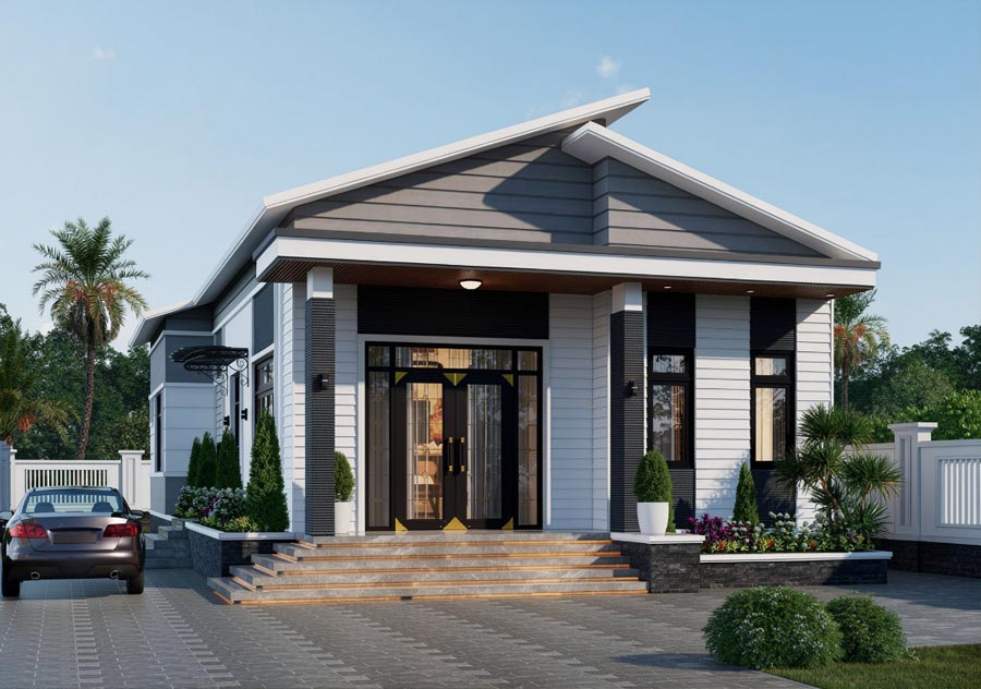 Thiết kế nhà vuông 10x10m 1 tầng mái lệch