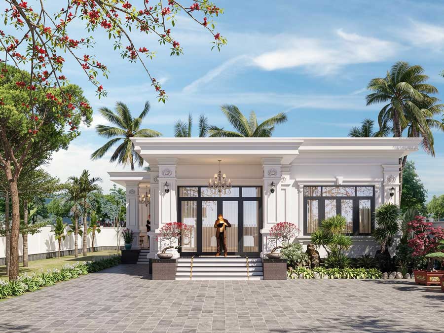 Mẫu thiết kế nhà vuông 10x10 1 tầng tân cổ điển