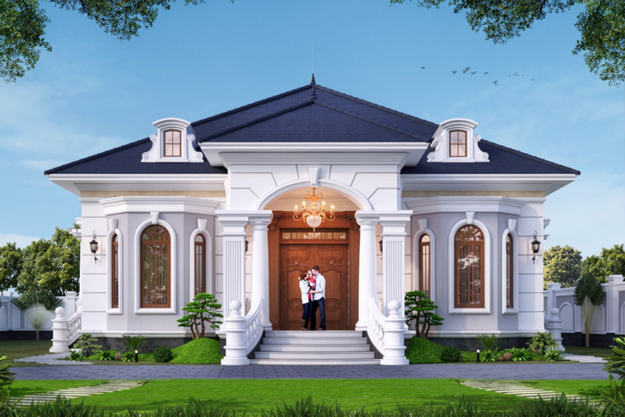 Mẫu thiết kế nhà vuông 10x10 1 tầng tân cổ điển