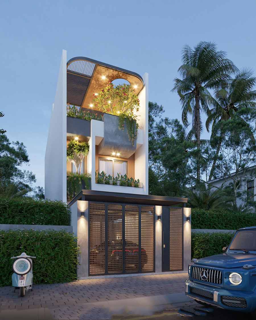 Thiết kế nhà 2 tầng có sân thượng 4 phòng ngủ