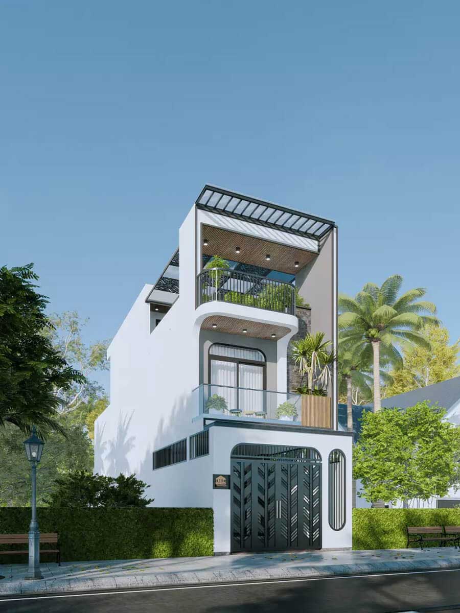 Thiết kế nhà 2 tầng có sân thượng 4 phòng ngủ