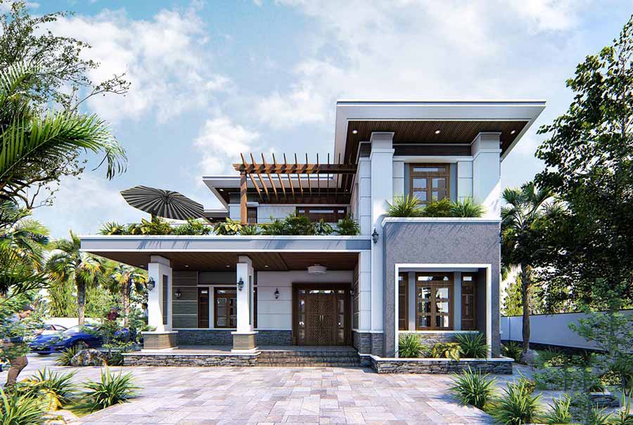 Nhà 2 tầng có sân thượng chữ L