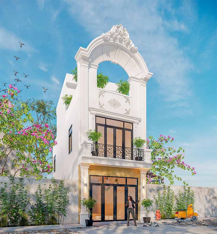 Mẫu nhà 2 tầng có sân thượng kiểu Pháp
