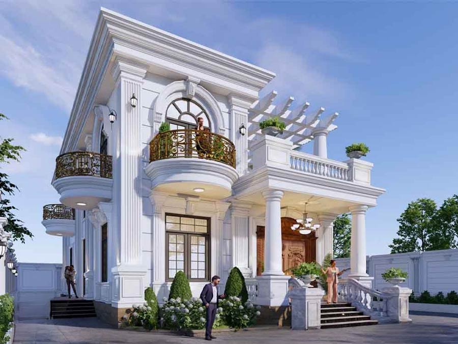 Mẫu nhà 2 tầng có sân thượng kiểu Pháp