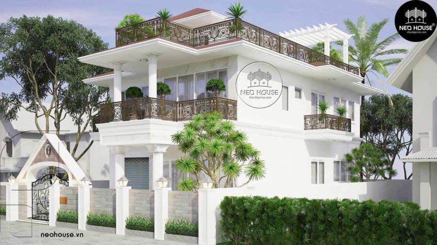 Mẫu nhà 2 tầng có sân thượng tân cổ điển
