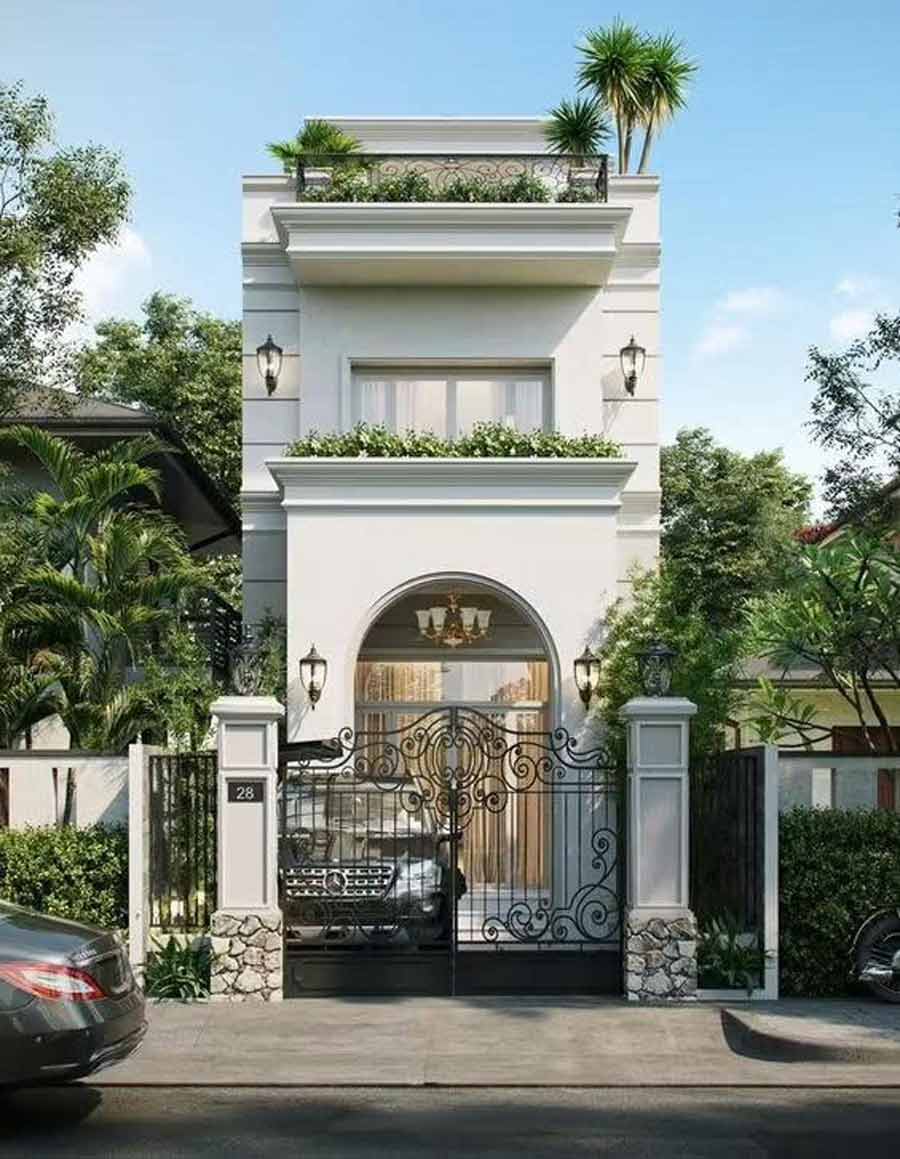 Mẫu nhà 2 tầng có sân thượng tân cổ điển