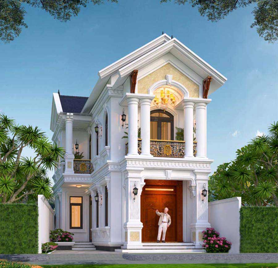 Thiết kế nhà 2 tầng chữ L 4 phòng ngủ tân cổ điển