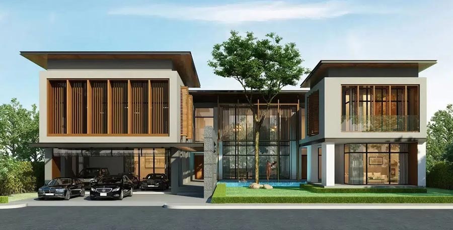 Thiết kế mẫu nhà chữ u 2 tầng có gara