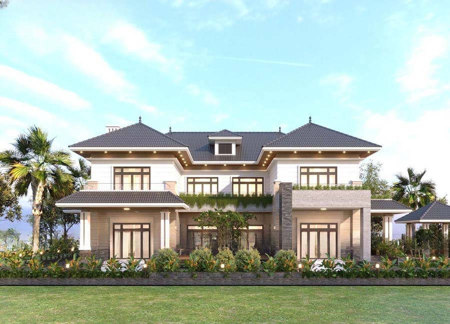 Thiết kế nhà 2 tầng chữ U tân cổ điển