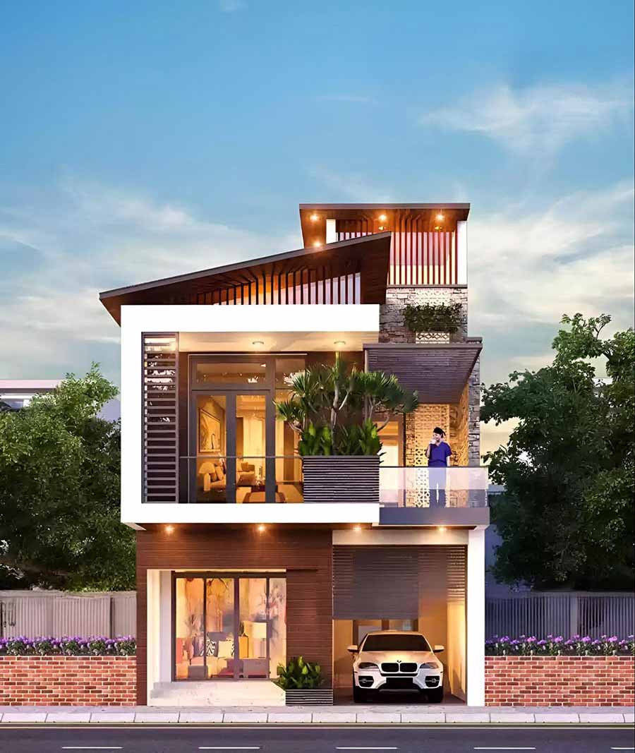 Thiết kế nhà mái lệch 2 tầng diện tích 100m2
