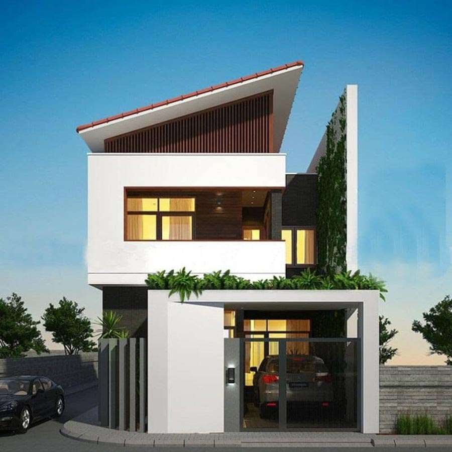 Thiết kế nhà mái lệch 2 tầng diện tích 80m2
