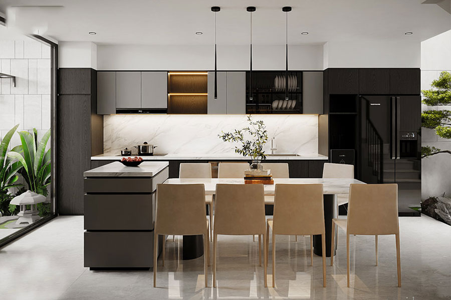 Mẫu phòng bếp nhà mái lệch 2 tầng
