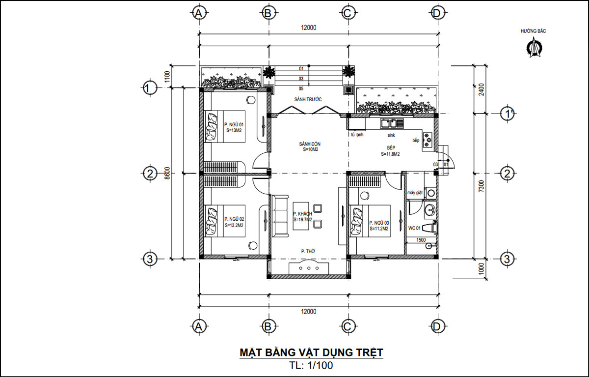 Bản vẽ mặt bằng biệt thự mái Nhật 1 tầng 3 phòng ngủ tại Quảng Ninh