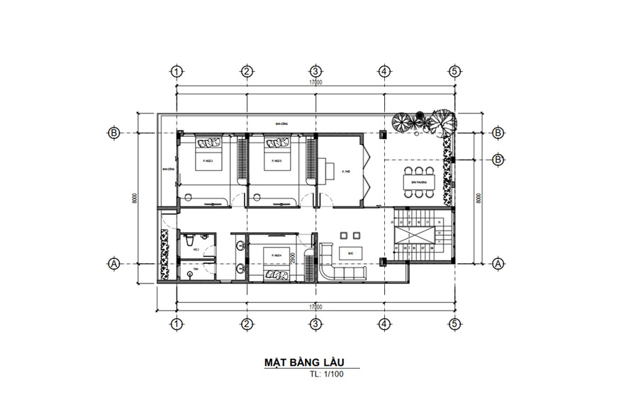 Bản vẽ mặt bằng lầu 1 nhà mái ngói 2 tầng 4 phòng ngủ