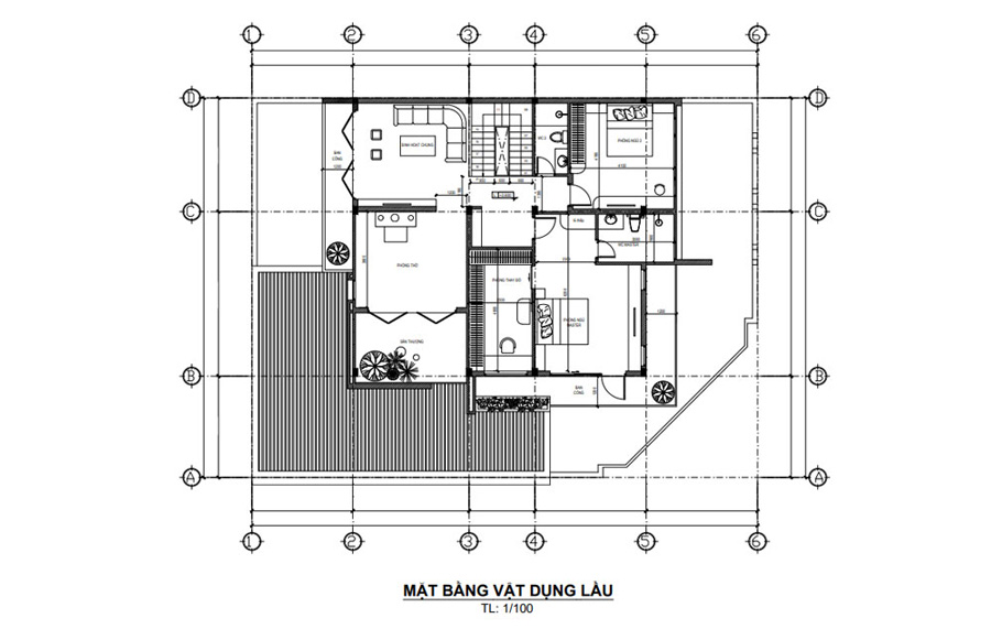 Bản vẽ mặt bằng lầu 1 nhà mái ngói 2 tầng có gara