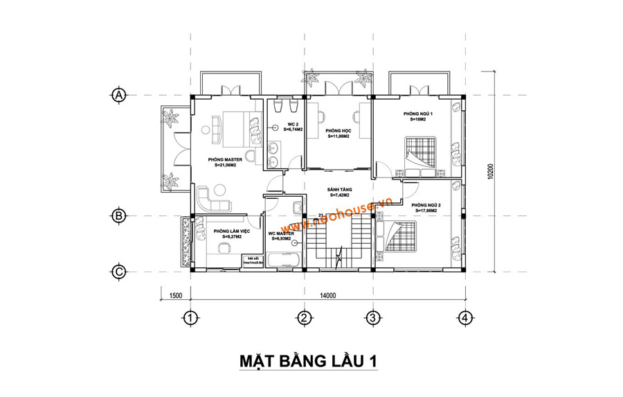 Bản vẽ mặt bằng lầu 1 nhà mái ngói 2 tầng có hồ bơi