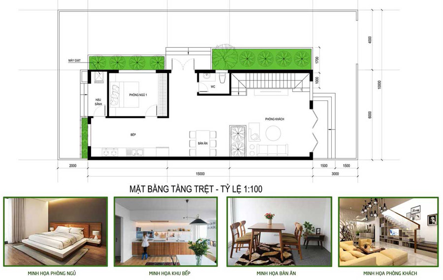 Bản vẽ mặt bằng tầng trệt nhà mái ngói 2 tầng 3 phòng ngủ