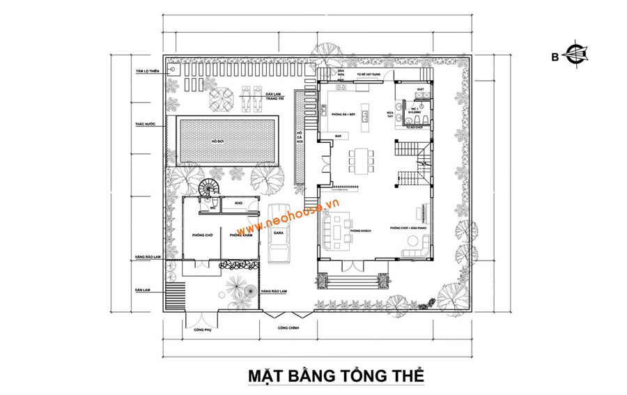 Bản vẽ mặt bằng nhà mái ngói 2 tầng có hồ bơi