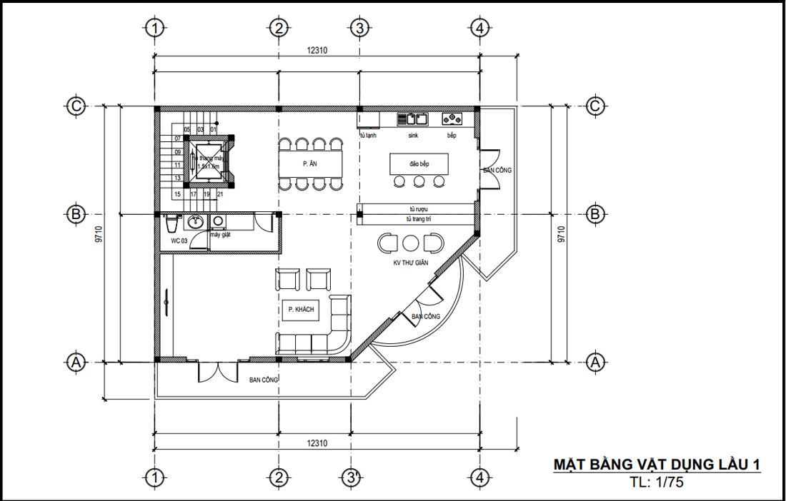 Mặt bằng lầu 1 biệt thự tân cổ điển 5 tầng 1 tum 2 mặt tiền kết hợp cho thuê