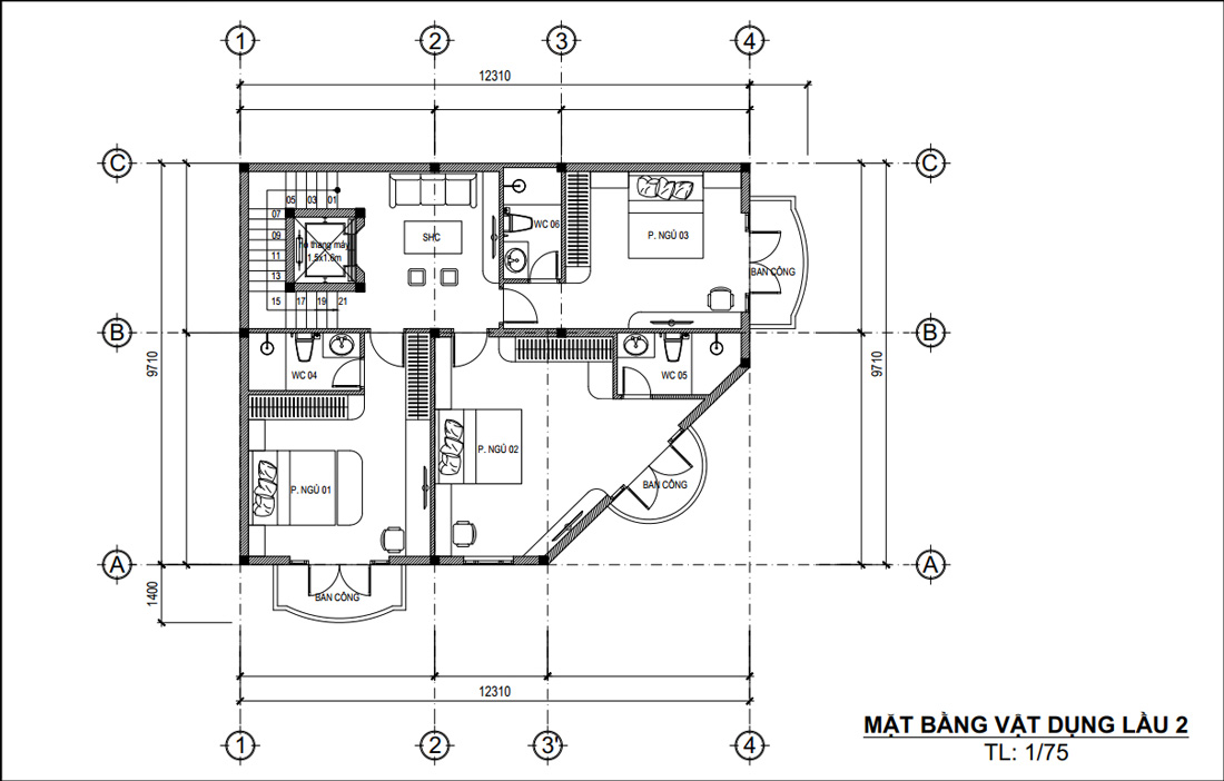 Mặt bằng lầu 2 biệt thự tân cổ điển 5 tầng 1 tum 2 mặt tiền kết hợp cho thuê