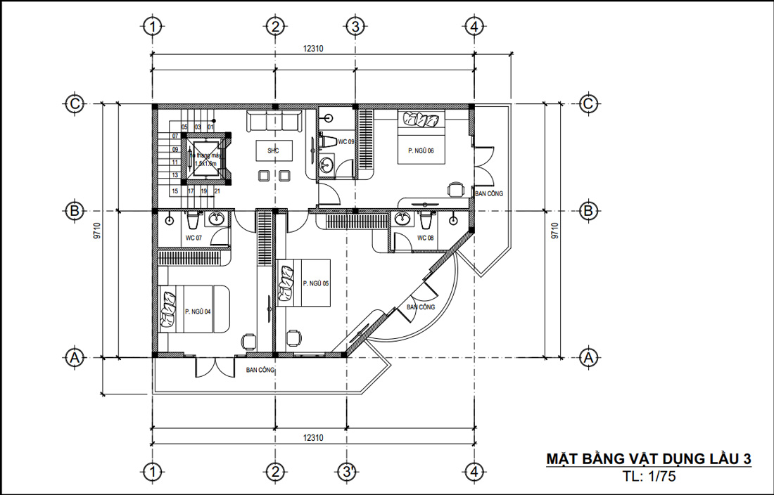 Mặt bằng lầu 3 biệt thự tân cổ điển 5 tầng 1 tum 2 mặt tiền kết hợp cho thuê