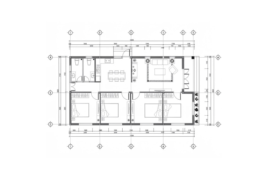 Bản vẽ mặt bằng nhà ngang 8m dài 14m 1 tầng 4 phòng ngủ