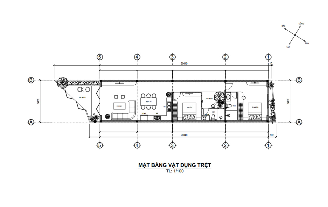 Mặt bằng công năng nhà phố 1 tầng 5x20m 2 phòng ngủ tại Tiền Giang