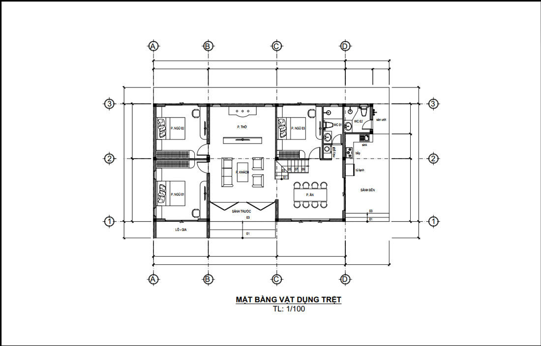 Bản vẽ mặt bằng tầng trệt biệt thự 1 tầng có gác lửng 120m2