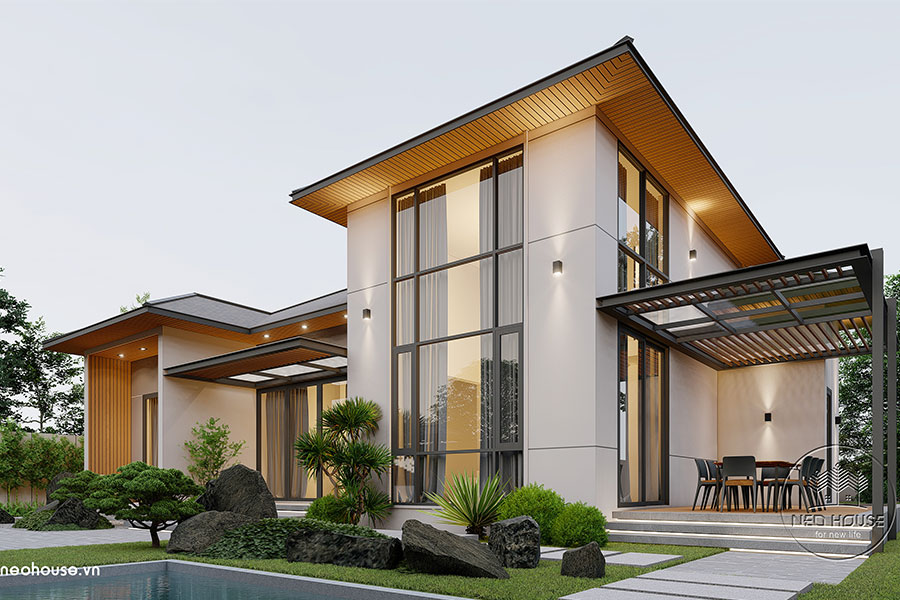 Mẫu biệt thự 1 tầng có gác lửng mái Nhật