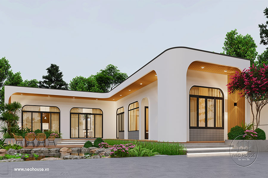Biệt thự nhà vườn 1 tầng chữ L hiện đại 4 phòng ngủ