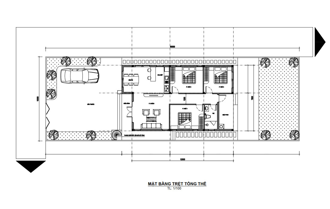 Bản vẽ mặt bằng công năng biệt thự hiện đại 1 tầng mái Lệch 8x12m
