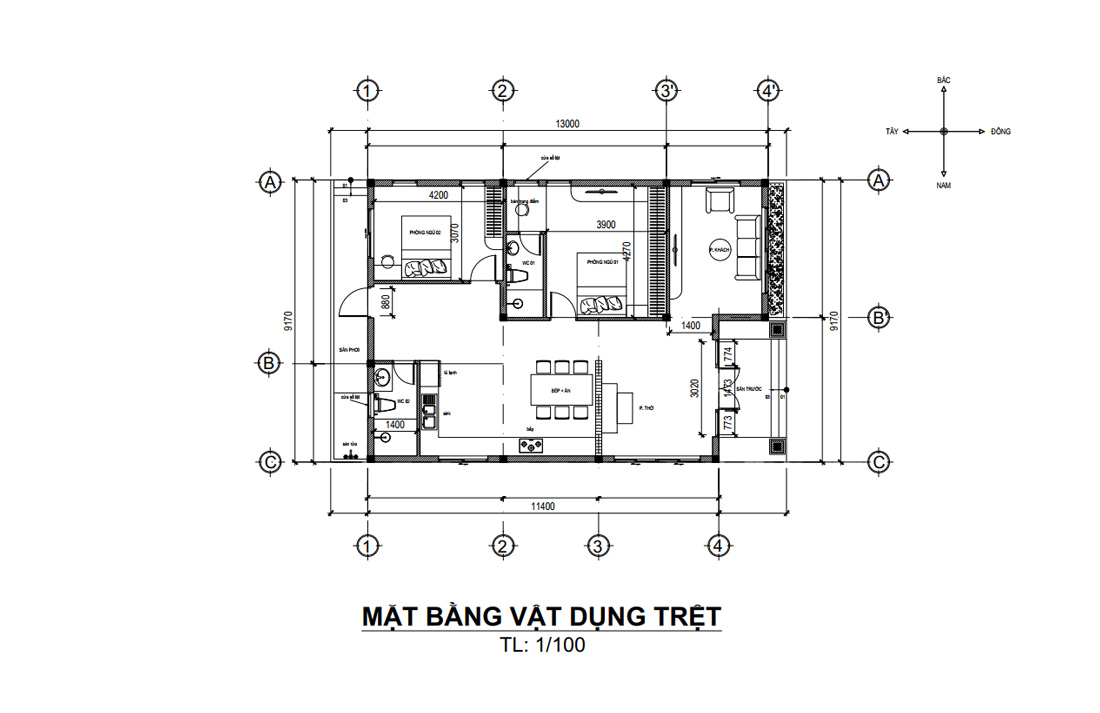 Mặt bằng công năng biệt thự mái Nhật 1 tầng 2 phòng ngủ tại Đồng Nai